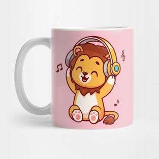 Cute Lion Listening Music With Headphone Cartoon Mug